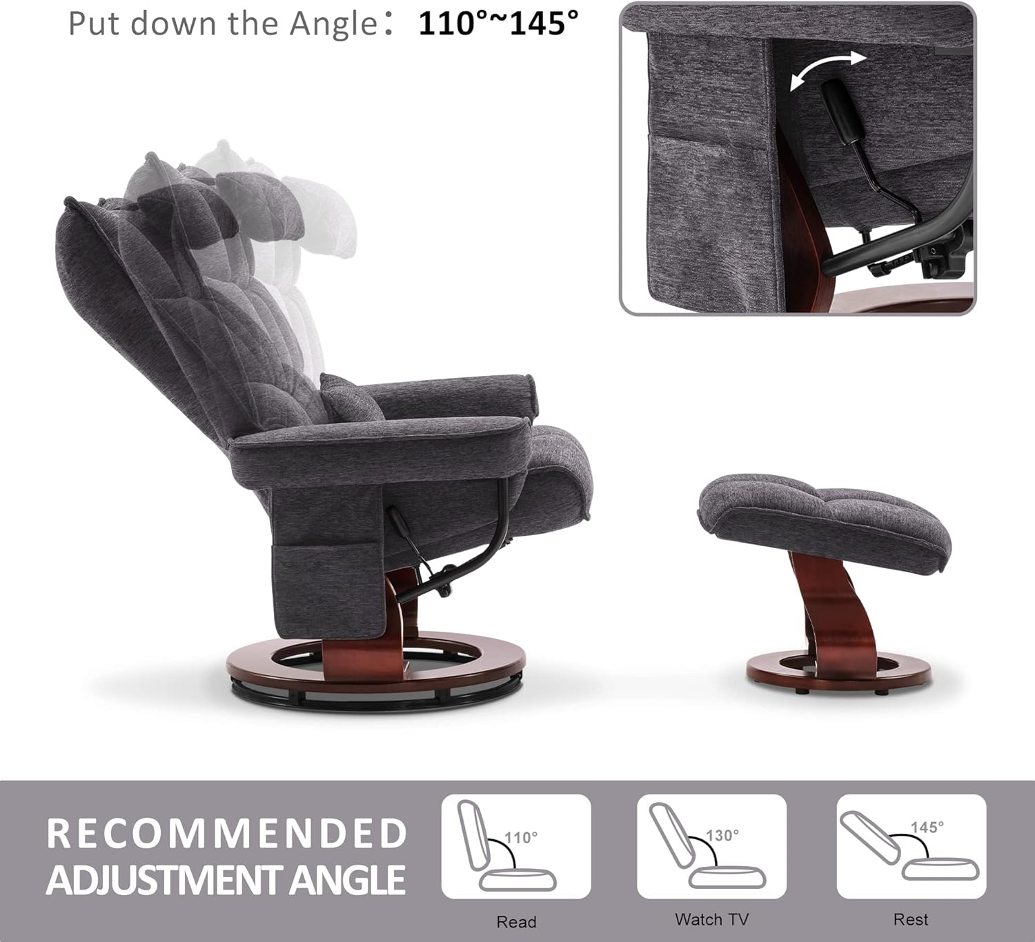 MCombo Swivel Recliner with Ottoman, TV Chair Sets with Vibration Massage, Ideal for Small Space, Living Room & Bedroom 4188 (Grey)