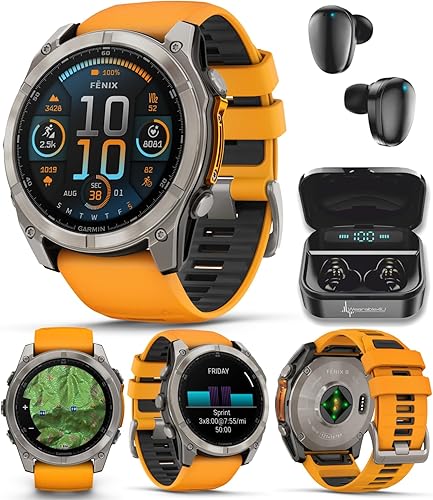Miniatura 32 de Wearable4U Garmin Fenix 8 – 2 pulgadas, reloj inteligente multideporte GPS AMOLED, zafiro, titanio con banda de silicona naranja brillante/grafito,