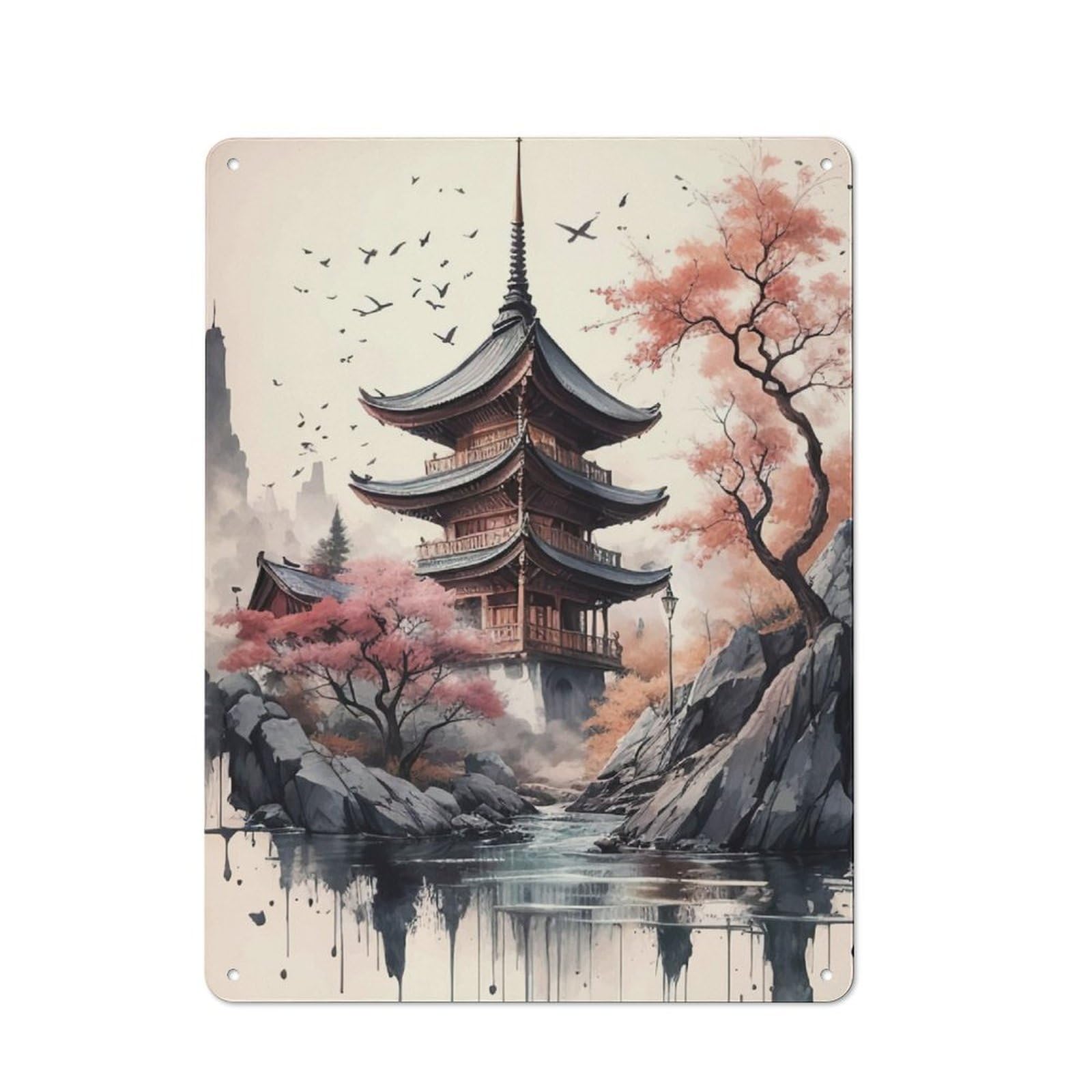Junmoney Japan Landscape Watercolor Tin Wall Plaque 40X30cm With For Pub Or Café, With Clear Vintage Wall Decor Character