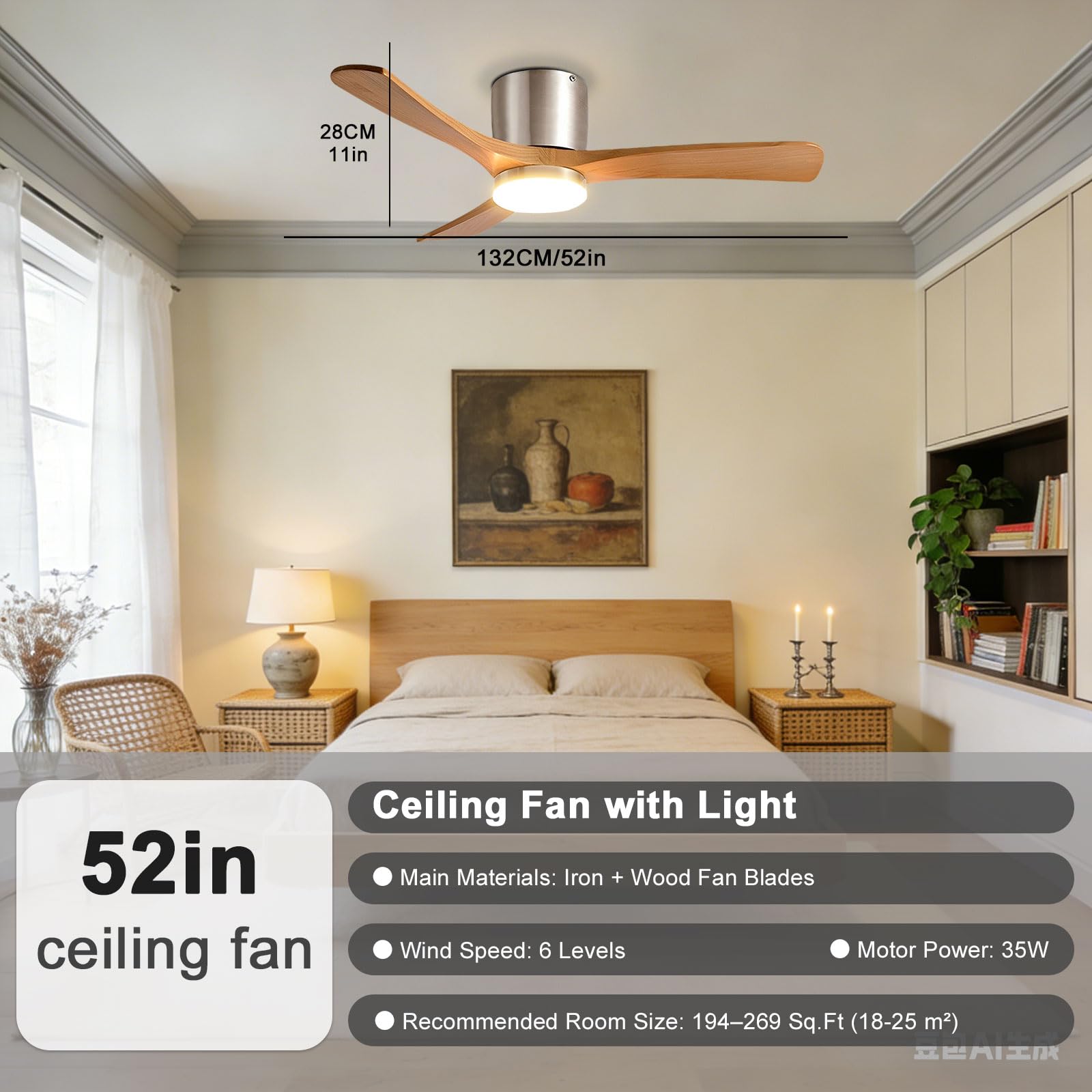 Ventilatore da soffitto in Legno con Luce, Stile Vintage, Silenzioso, a LED dimmerabile, Ideale per Camera da Letto, Sala da Pranzo e Soggiorno. Moderno, Intelligente, con telecoma