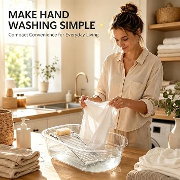 Washboard Basin for Hand Washing Clothes, 16 Wash Tub with Built-In Washboard, Soap Holder, Drain Outlet & Handles, Small Laundry Basin for Delicates, Baby Clothes, Apartment, Dorm, RV & Sink Use