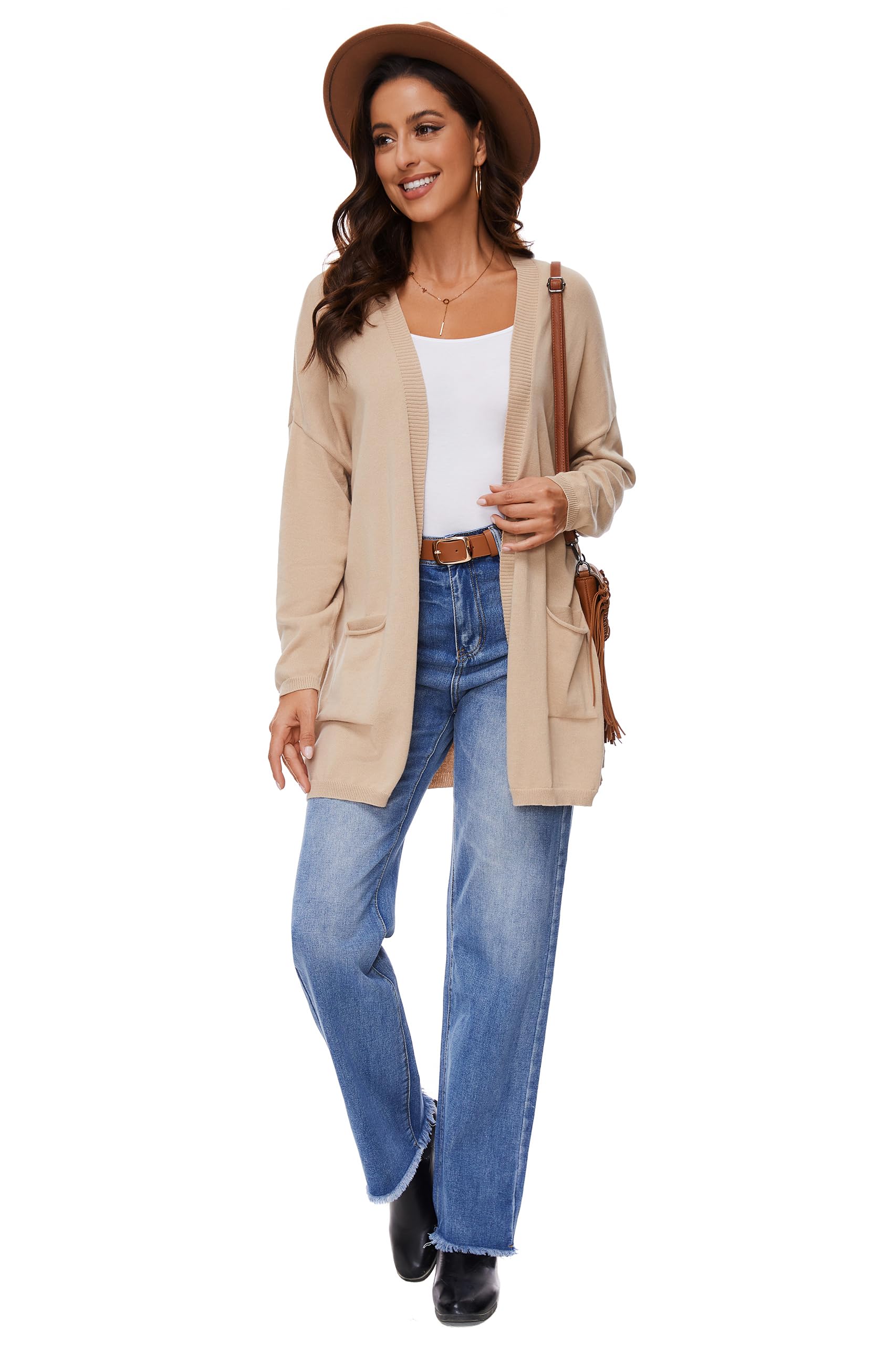 Cardigan Aperto in Cotone 100% per Donna con Tasche, Maniche Lunghe, Morbido, Oversize, Maglione Casual da Donna, Khaki, L