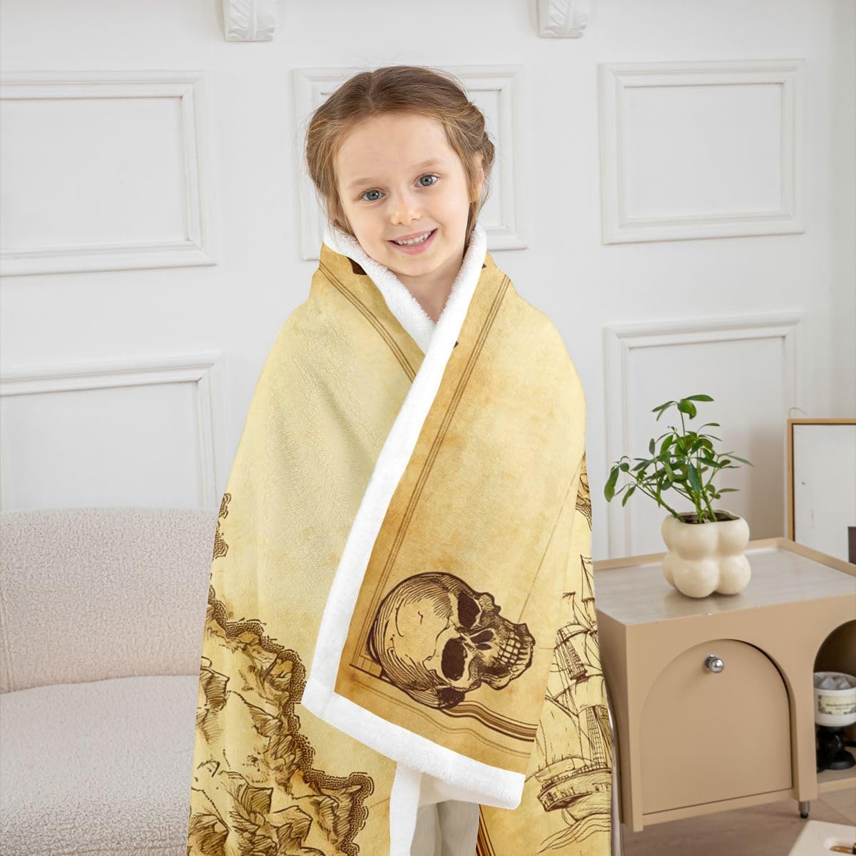 Feelyou Nautical Island Map Sherpa Blanket Kids Vintage Old Map Pirate Ship Fleece Throw Blanket Ocean Ancient Pirate Skull Fuzzy Blanket for Sofa Bed Couch Decor,40x50 Inches