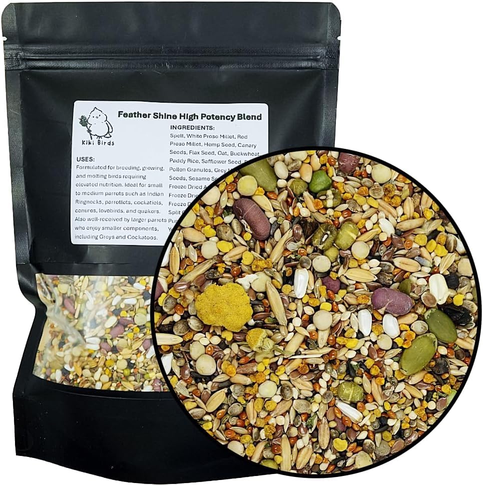 Feather Shine High Potency Blend with Bee Pollen & Freeze-Dried Sprouts - Premium Parrot Food for Molting, Breeding & Growth - Omega Rich | 17.5% Plant Protein | USA-Made