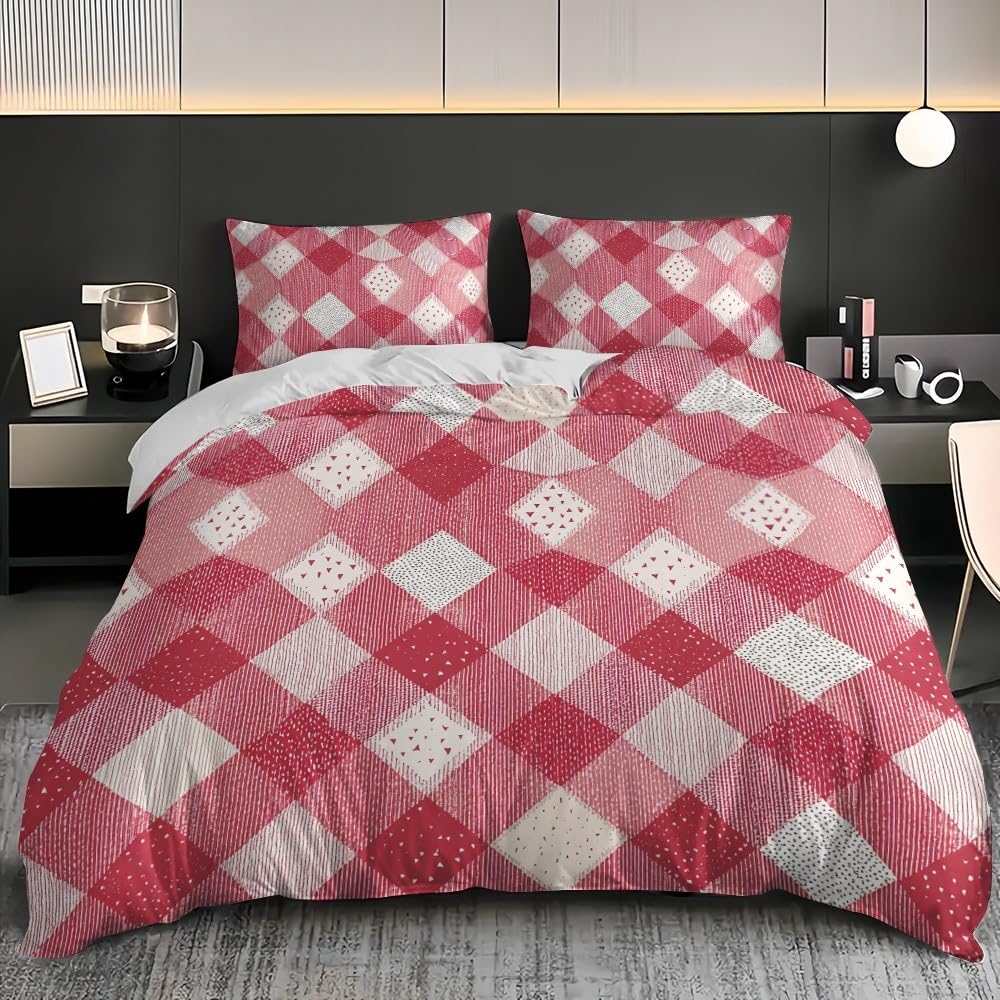 Klasyczna poszewka na kołdrę z geometryczną kratką, 3-częściowa, 155 x 220 cm, z mikrofibry, różowa, z zamkiem błyskawicznym, przytulna i puszysta, dla dzieci, dziewcząt, dorosłych, z poszewką na