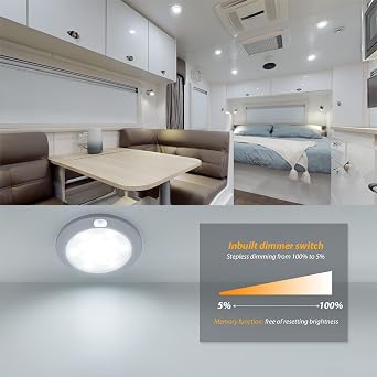Dream lighting LED DC 12volt Dome Light with Switch for Interior RV Camper Trailer Marine Boat Cabin Ceiling Down Light3 inch, Dimmable Cool White Light, with Memory Function