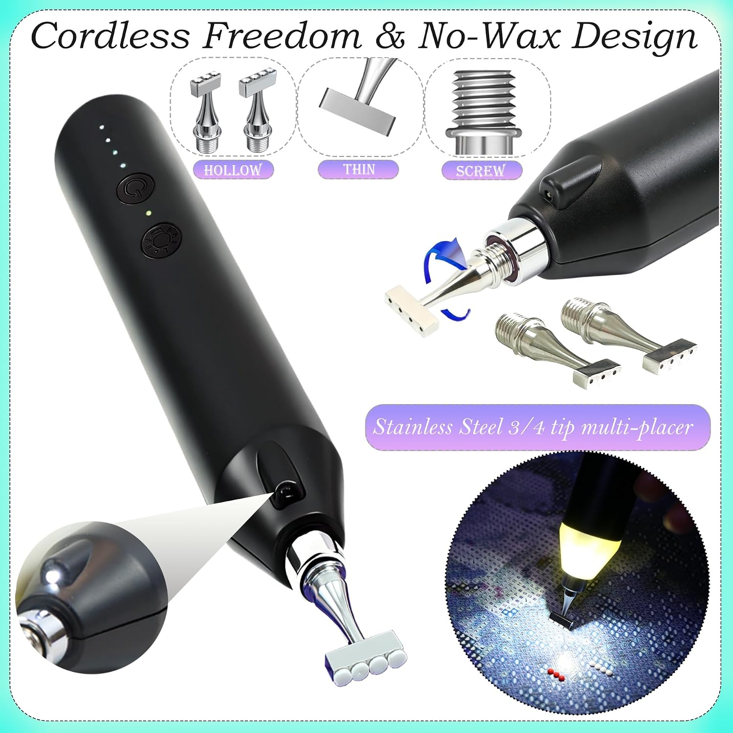 Electric Diamond Painting Pen with Light, Cordless Diamond Art Vacuum Pen no Wax Needed, Rechargeable Diamond Art Pen, Steel Screw Multi-placer, 3-Speed, Diamond Art Accessories with Cutter (Black)