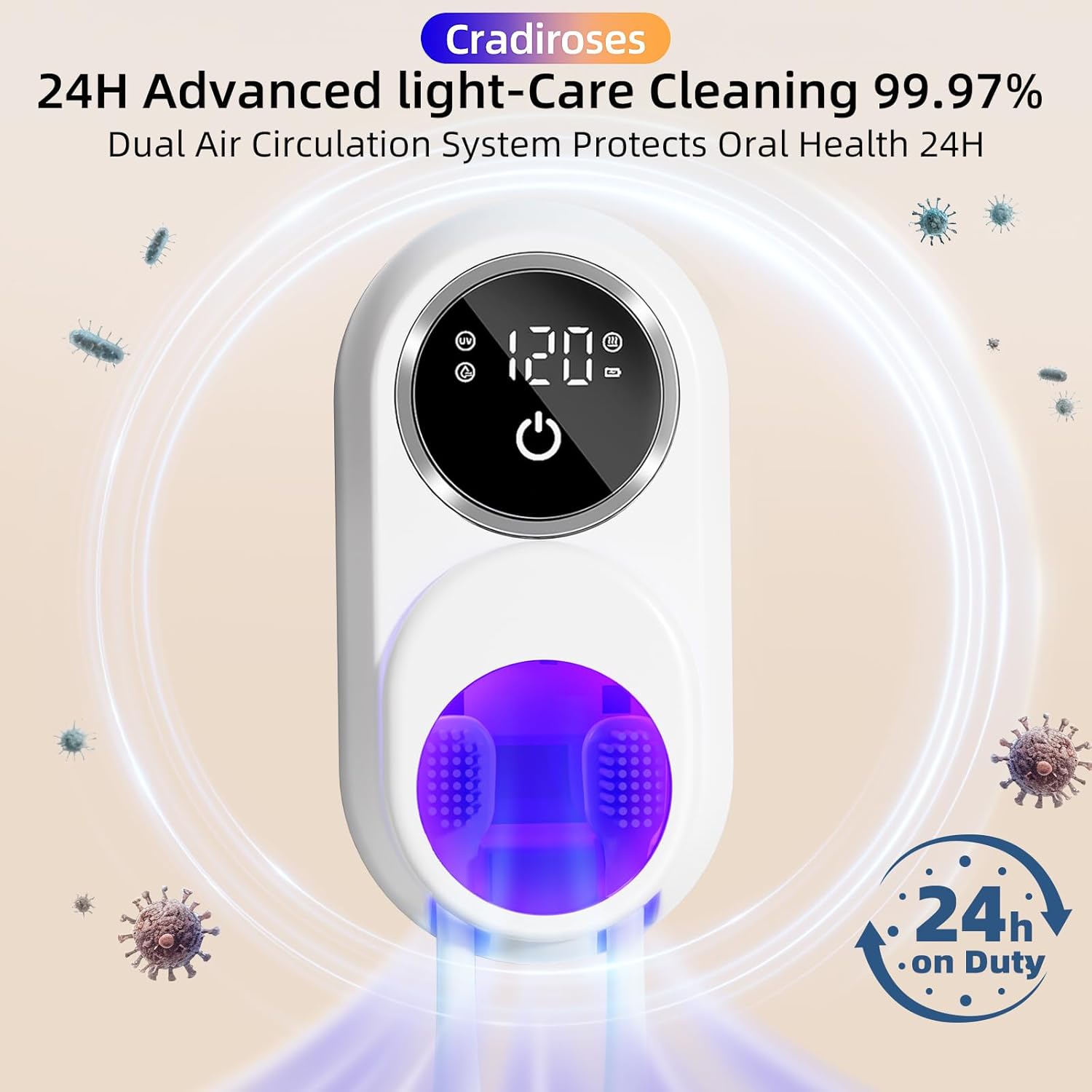 UV Toothbrush Sanitizer Holder(2 Slots, White)-Rechargeable Wall-Mount with Heated Fan Drying, LED Smart Screen, for Bathroom & Travel - Image 2