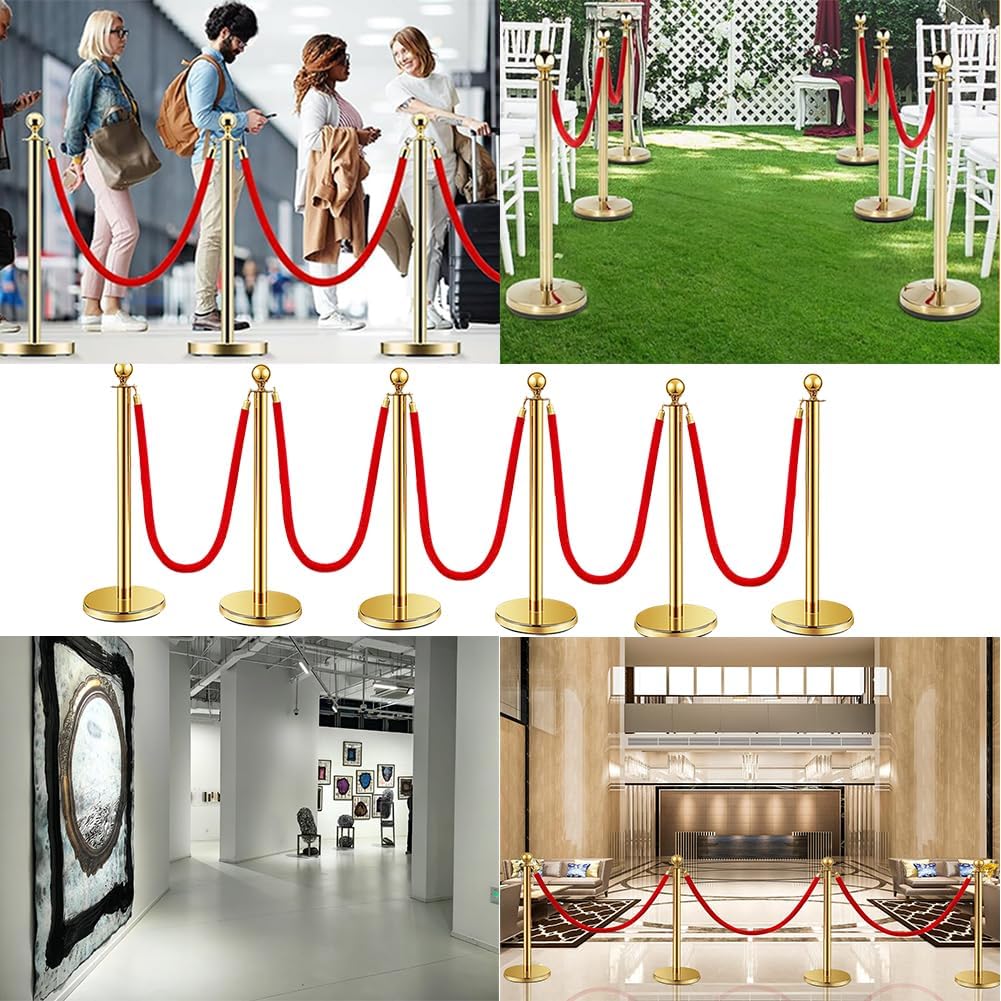 Premium Absperrstab mit Seil - Robuster Crowd Control Bandstab für Warteschlangen, Events & Ladenmanagement, Set mit 5 ft/1.5 m rotem Samt Seil (6)