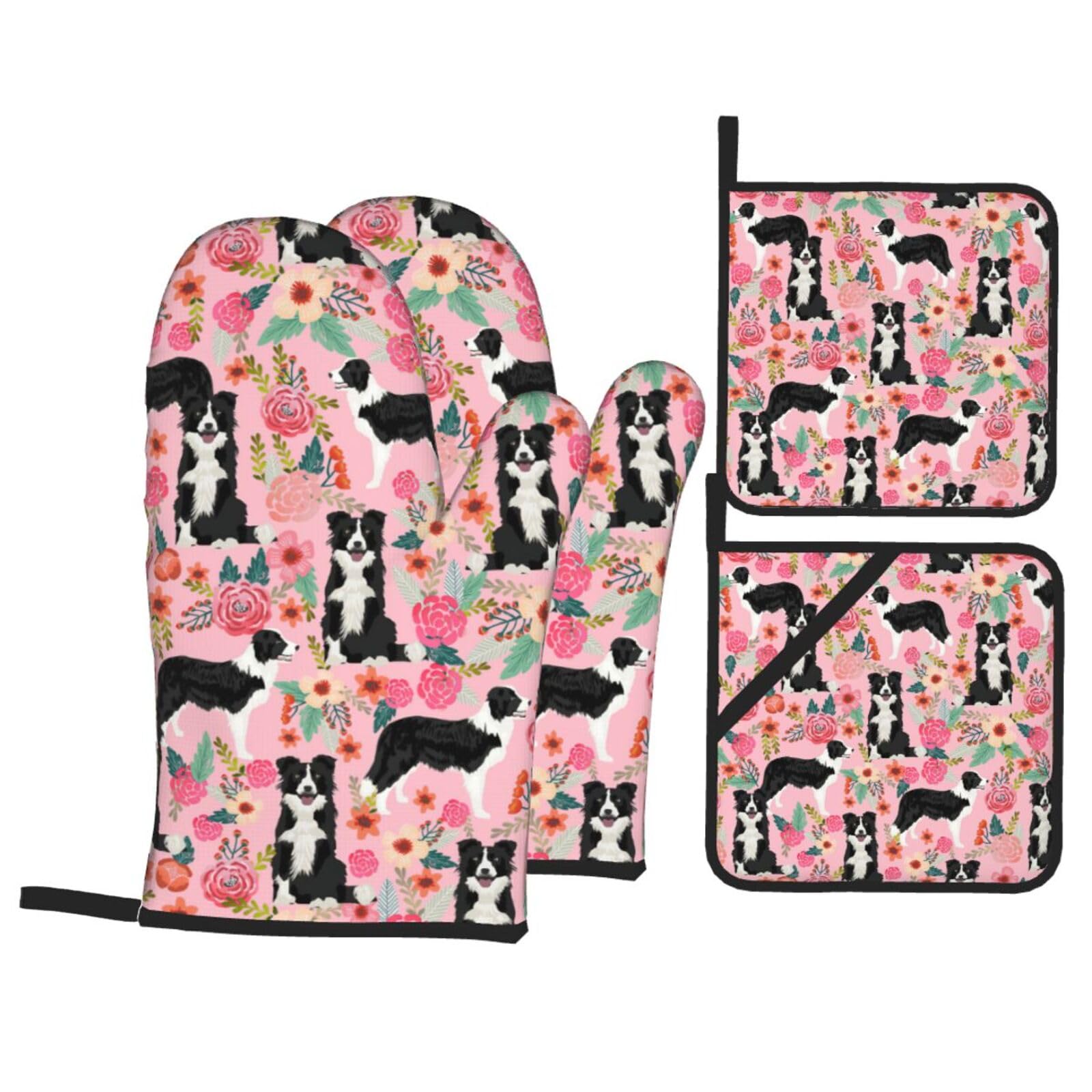 Dog Print Kitchen Oven Mitts And Pot Holders Set,Hanging Loop Design For Cooking Baking Bbq