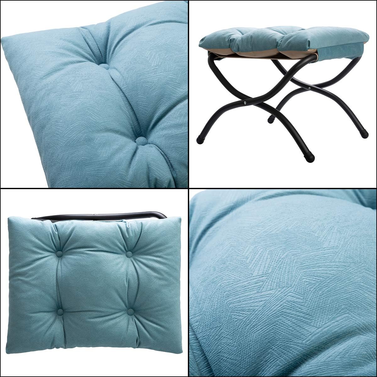 HollyHOME Folding Upholstered Footrest Stool, Small Accent Ottoman with Thick Cotton Cushion, Padded Sofa Stool for Lazy Chair, Metal Legs Vanity Makeup Stool, (L) 18.5" x(W) 14.8" x(H) 15", Blue