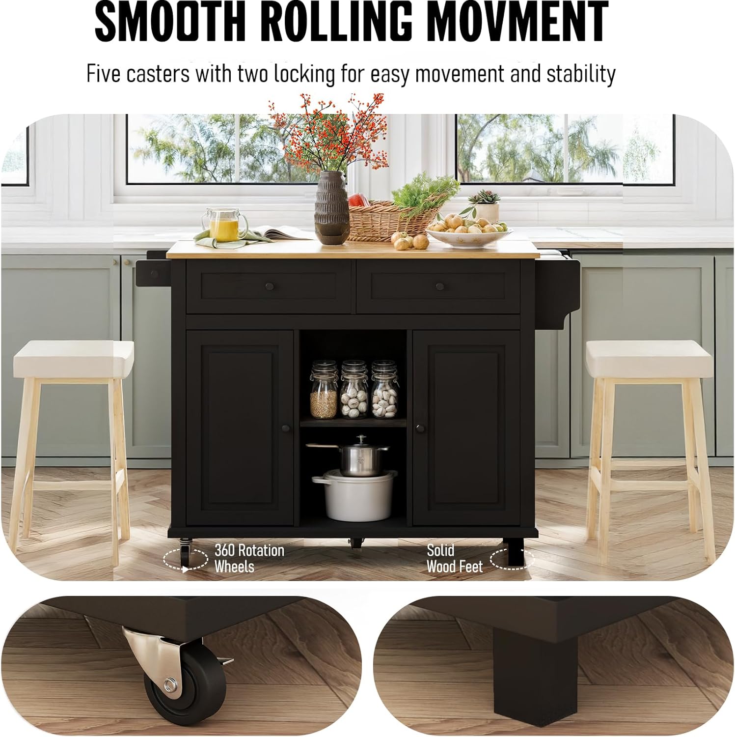 Mobile Kitchen Island with Storage,Rolling Kitchen Island Cart on Wheels with Drop-Leaf Bamboo Countertop, Island Table for Kitchen with Adjustable Shelf,Spice Rack and Tower Rack (Black)