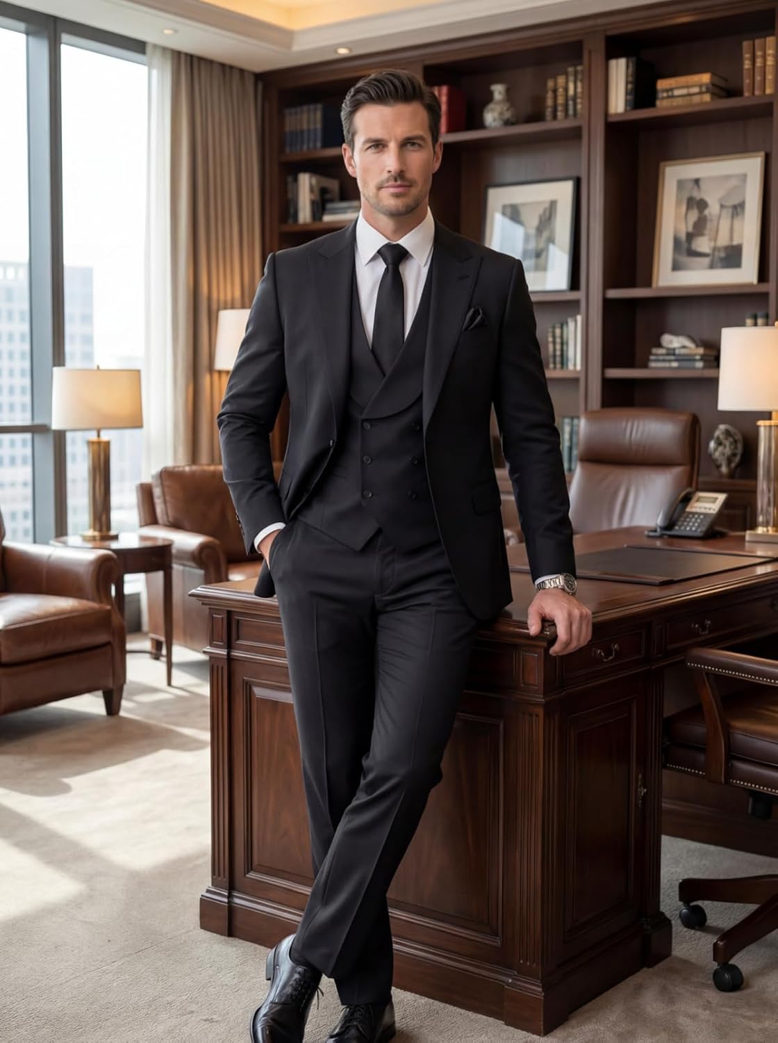Wangyue Mens Suit 3 Piece Slim Fit Suit for Men Double Breasted Suit Men Wedding Groom Party Prom Suit
