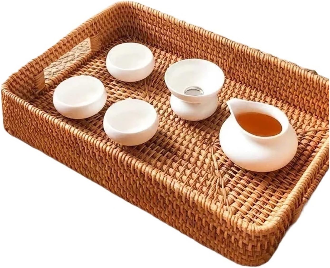 Hand-Woven Rattan Storage Basket TrayTea Fruit Round Case With Handle Afternoon Tea Fruit Tray Storage Basket Food Display Tray(Rectangle38x26x7cm L)