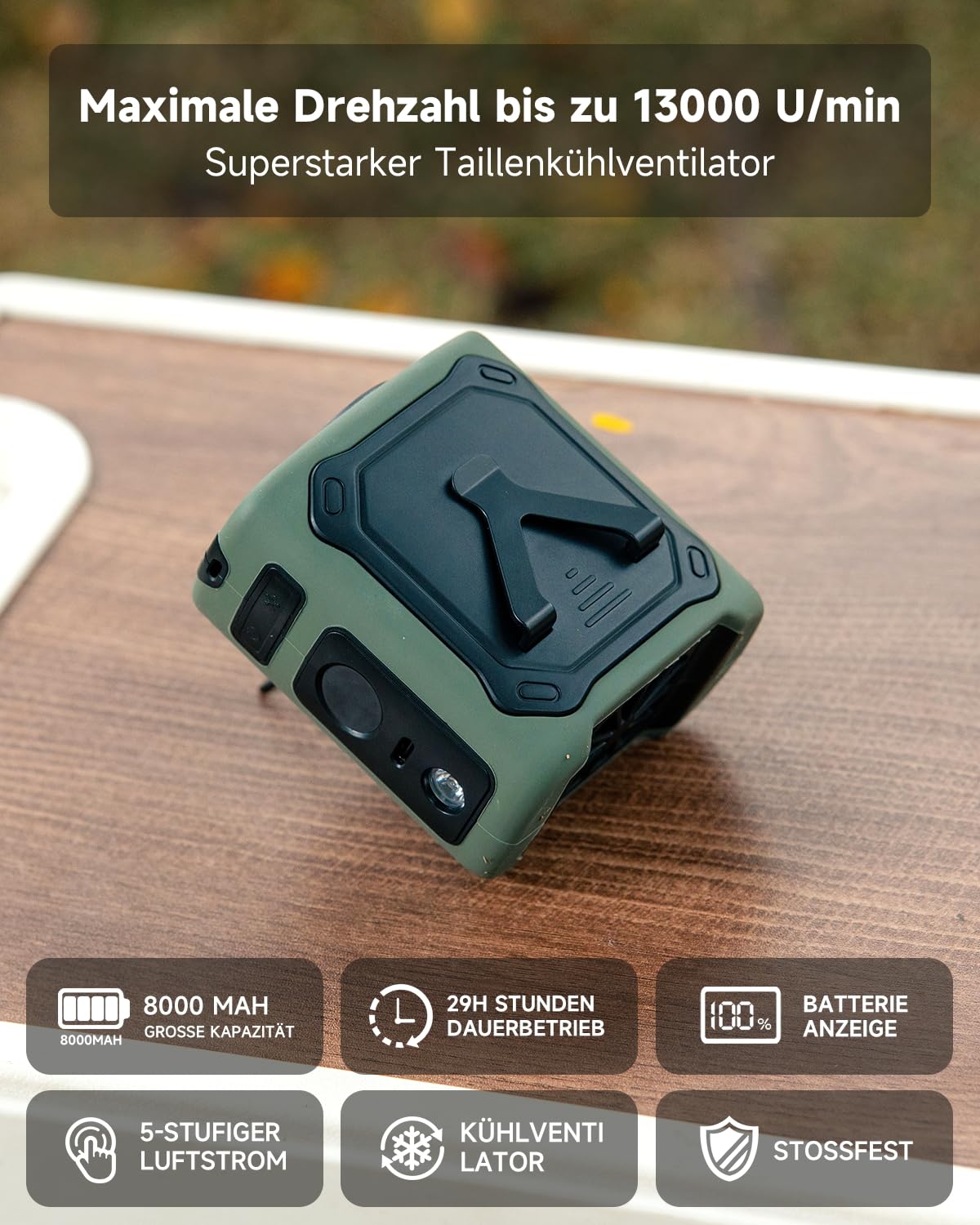 2026 Kühlung Tragbarer Taillenventilator,8000mAh 29H Laufzeit USB C Wiederaufladbar,5 Geschwindigkeiten 13000RPM Mit LED Beleuchtung SOS für Baustelle,Camping,Wandern,Arbeiten im Somme Aprikose