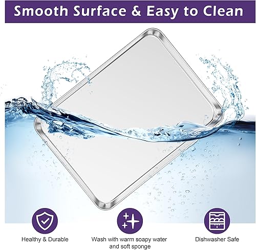 Miniatura 5 de TeamFar Juego de 2 sartenes para horno tostador, de acero inoxidable, 12.5 x 9.5 x 1 pulgadas, no tóxicas y saludables, sin óxido y acabado espejo,