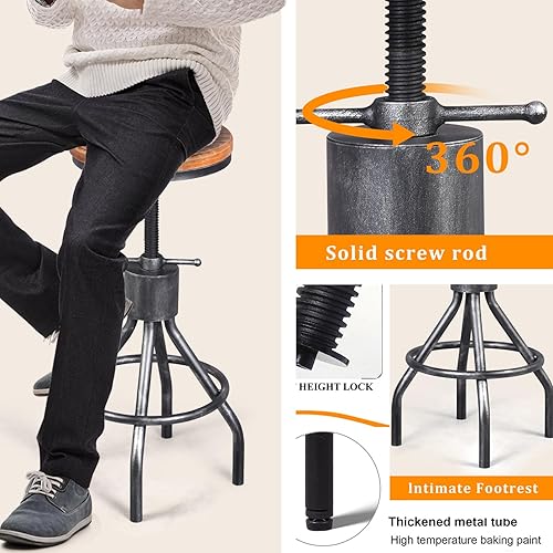 Miniatura 5 de LOKKHAN Juego de 2 taburetes de bar industriales, taburetes de bar giratorios de metal redondo de madera ajustable vintage, hierro fundido, 23-30