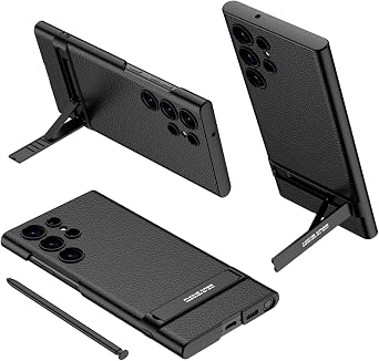 for Samsung Galaxy S24 Ultra Leather Case with Adjustable Kickstand, Classic Vegan PU Leather Slim Lens Protection Rugged Non-Slip Grip Shockproof Phone Cover for Samsung S24 Ultra Black