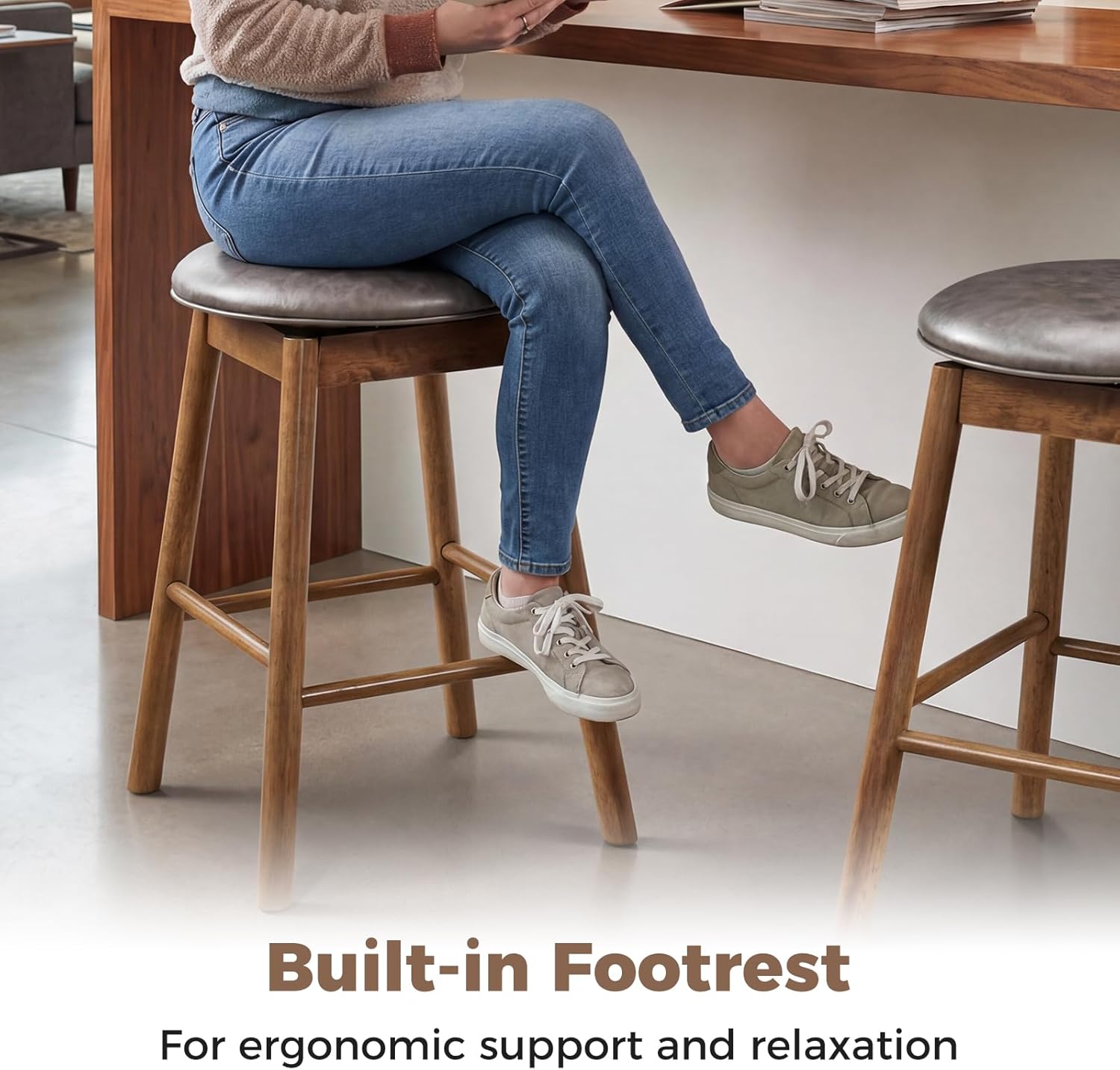 COSTWAY Swivel Wooden Bar Stools Set of 4, Round PU Leather 25-inch Counter Height Chairs with Rubber Wood Frames, Footrests, Upholstered Backless Barstools for Kitchen Island, Grey+Natural