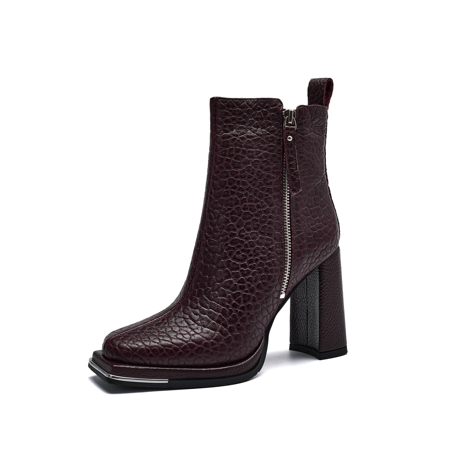 TinaCus High Chunky Heels Zip up Ankle Boots Embossed Genuine Leather Handmade Square Toe Womens Booties