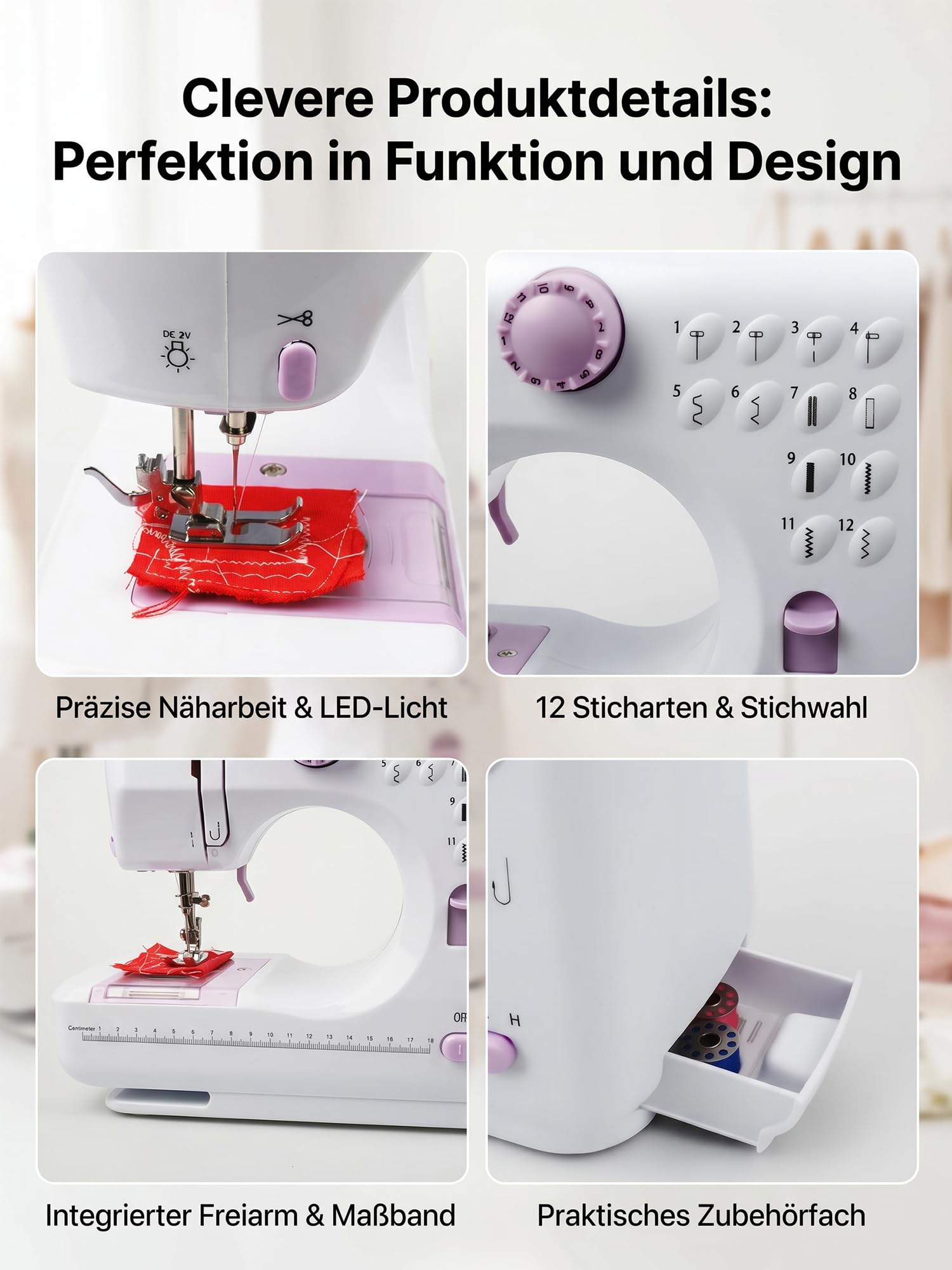 BRICH Elektrische Nähmaschine, Kompakte Mini Nähmaschine für Anfänger | 12 Stichprogramme & 42-tlg. Zubehör Set. Ideal für Hosen kürzen, Stoffe bis 5mm & Jeans. Tragbar mit Batterie oder Netzteil.