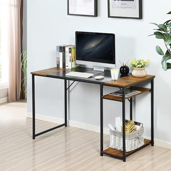 FurnitureR 47.2 inch Study Writing Table with Storage Shelves Space Saving for Home Office, Modern Simple Style PC Metal Frame Computer Desk, Black&Brown
