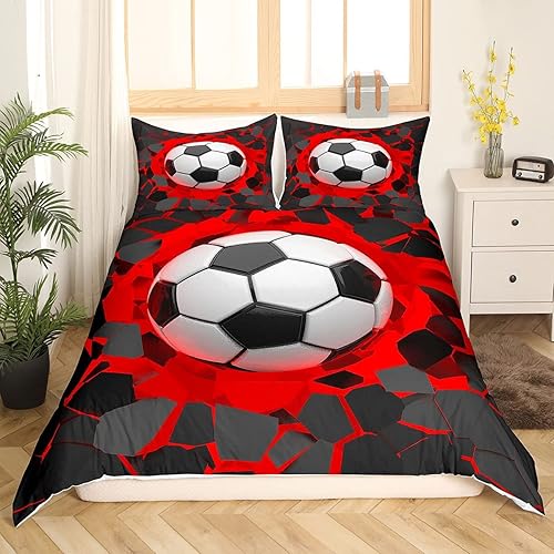 Feelyou Juego de ropa de cama de pelota de fútbol 3D geométrica decoración de fútbol para niños y niñas, funda de edredón roja y negra, funda de