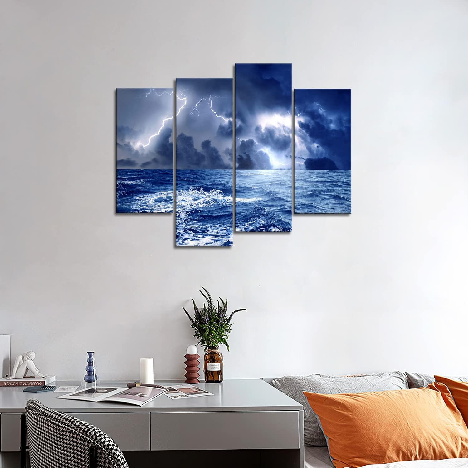 Canvas Print Wall Art Decor Storm Sea Picture Ocean Wave Seascape Pictures Nature Lightning Artwork Weather Poster Prints Stretched On Wooden Frame 4 Panel Image For Home Living Room Office Decoration