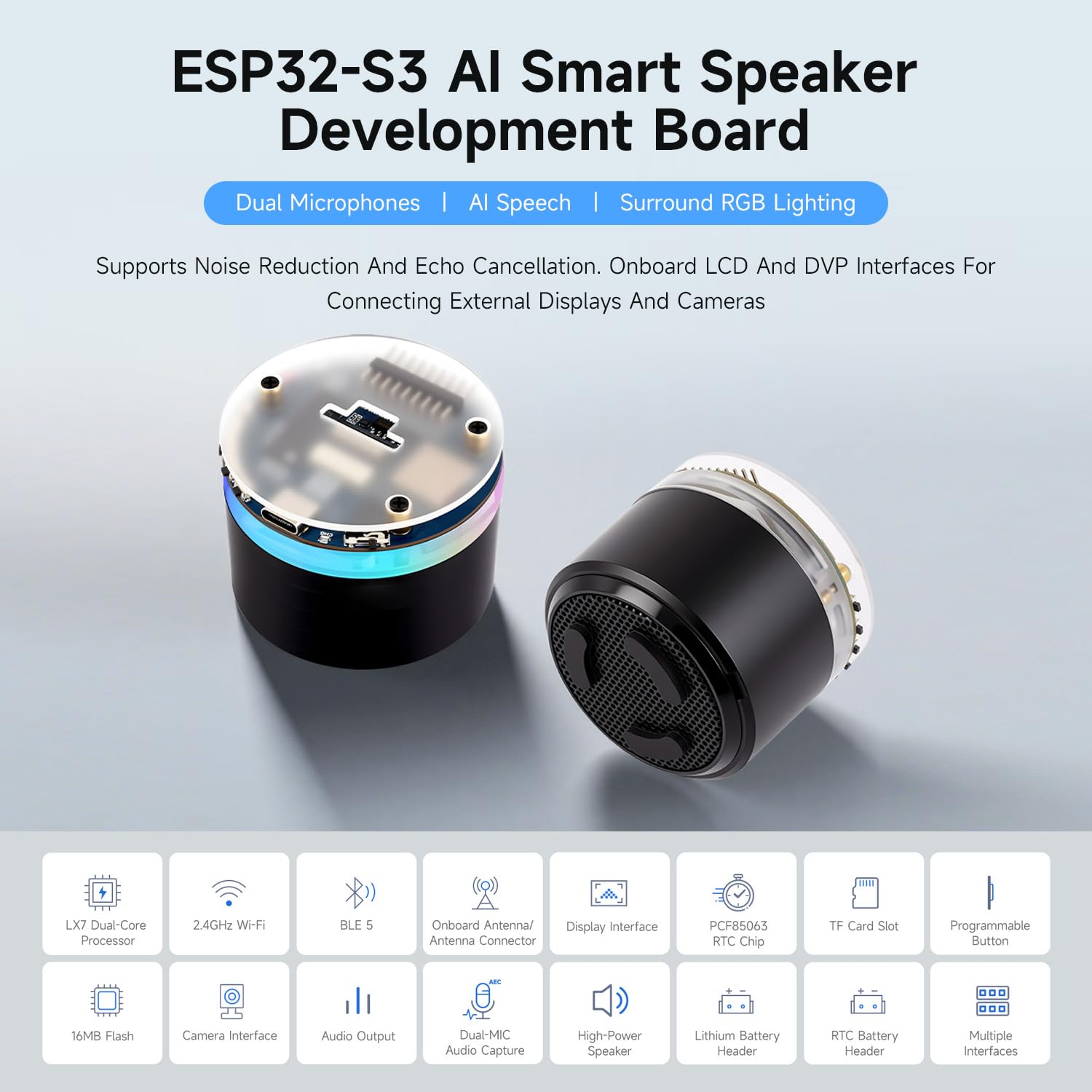 Waveshare ESP32-S3 AI Smart Speaker Development Board, Dual Microphones, Noise Reduction, RGB Lighting, External Display & Camera Support