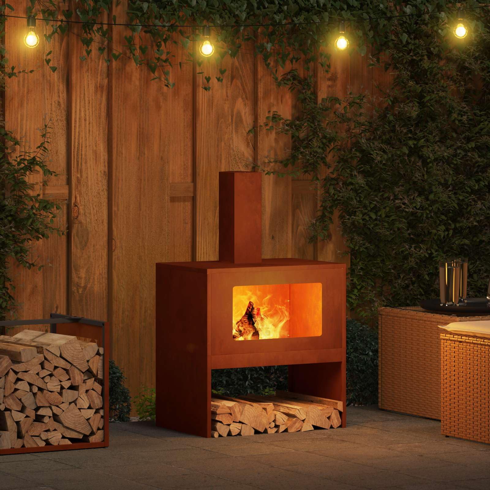 Brasero marrón 60 x 40 x 96 cm, acero resistente a la intemperie, estufa de jardín con chimenea para eventos al aire libre, resistente a la intemperie, hoguera abierta, diseño duradero