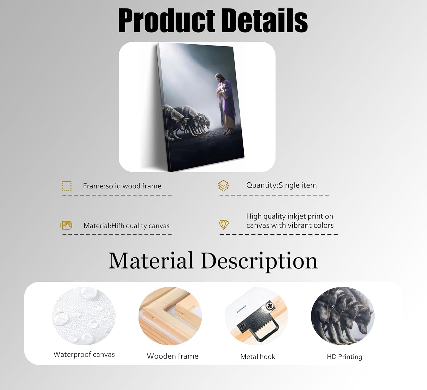 Jesus and Lamb Canvas Wall Art Shepherd Protect Lamb from Wolves Painting Picture Wall Decor Jesus Saves the Lost Sheep Christian Poster Print Artwork for Living Room Bedroom Church Home Decoration - Image 3