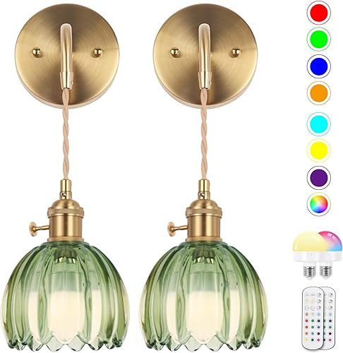Aplique de pared a pilas, apliques de pared para interiores sin cableado, pantalla de vidrio verde profundo con RGB regulable, apliques de pared con