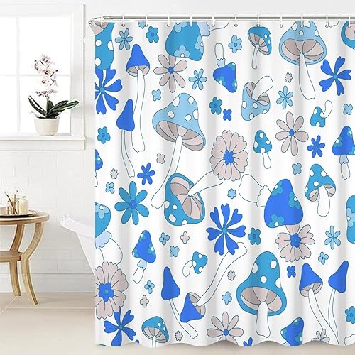 Miniatura 3 de Blue Mushrooms - Cortina de ducha de baño, estilo retro de los años 70 y 60, estilo bohemio hippie floral, lavable, tela duradera, decoración del
