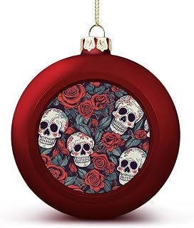 Red Christmas Balls Ornaments 1.6" Shatterproof Xmas Sugar Skulls and Roses Baubles with Hanging String Holiday Decoration for Christmas Tree DIY Wreath Wedding New Year Party Festive Supply