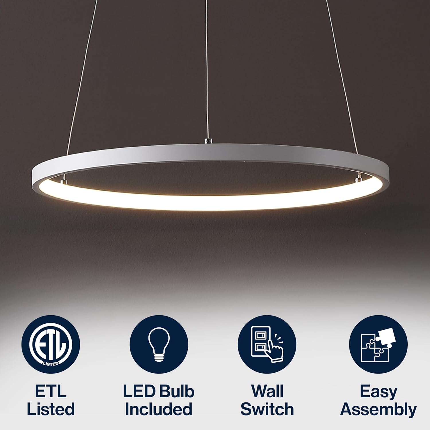 JONATHAN Y 15.75" Matte White Modern Integrated LED Pendant Light, Dimmable Round Hoop Chandelier for Kitchen Island, Dining Room, Adjustable Height Metal Hanging Light (JYL7202I)