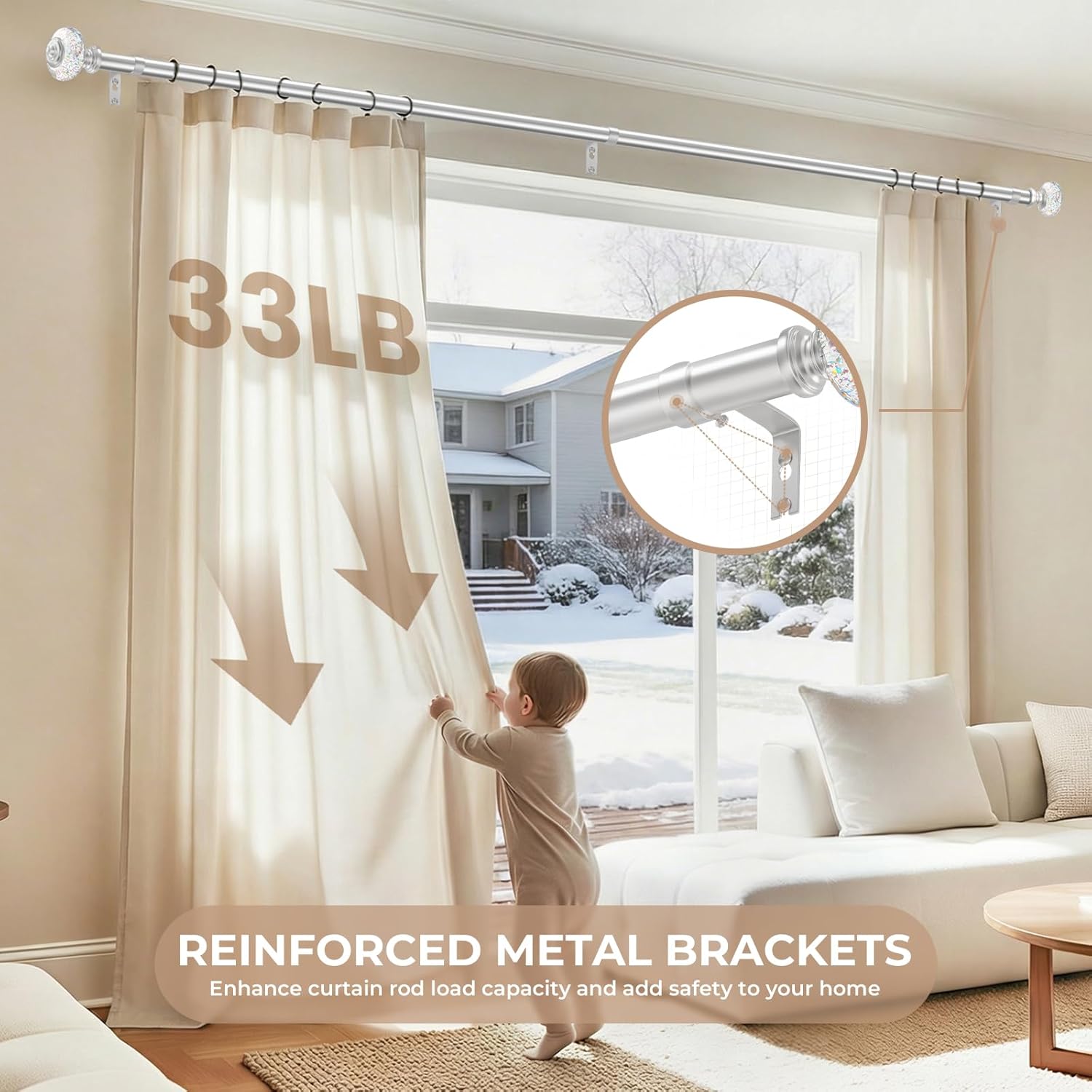 TVWOO Silver Curtain Rods for Windows:1Inch Adjustable Heavy Duty Curtain Rod 36-88",Modern Crystal Decorative Drapery Rods for Bedroom/Living Room,Antique Silver Single Rod Set with Bling Foil Finial