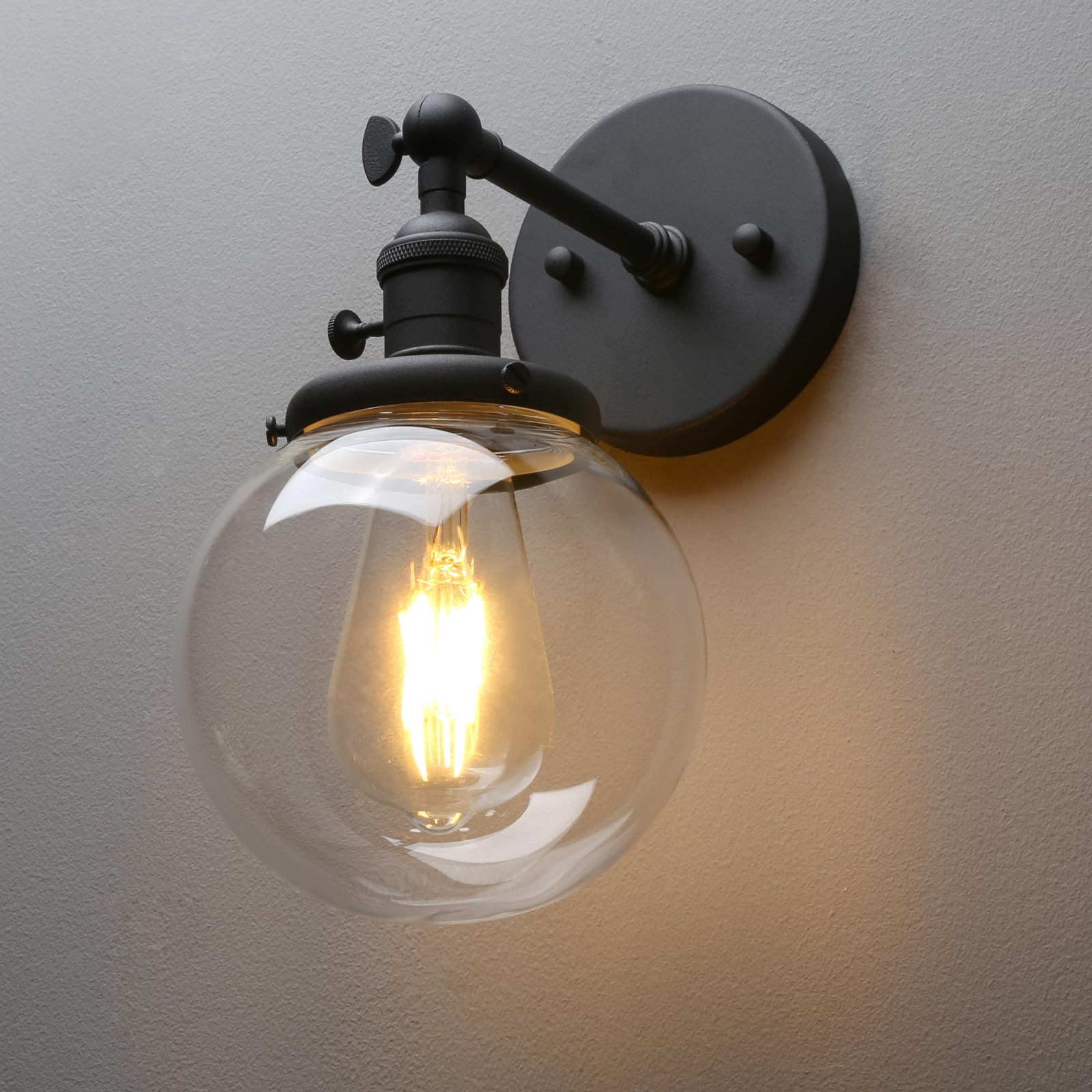 PERMO Vintage Industrial Wall Sconce Lighting Fixture with 5.9" Round Clear Glass Globe Hand Blown Shade (Black)