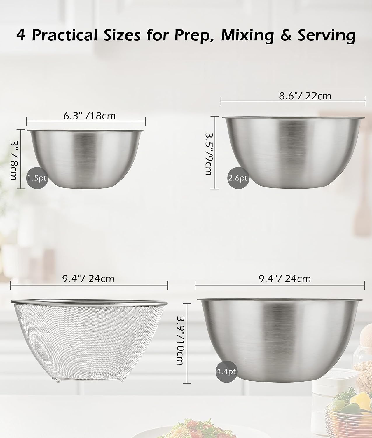 Stainless Steel Mixing Bowls Set of 4 with Colander, Nesting Metal Kitchen Bowls with Measurement Marks for Mixing, Prep, Salad & Baking, Dishwasher Safe