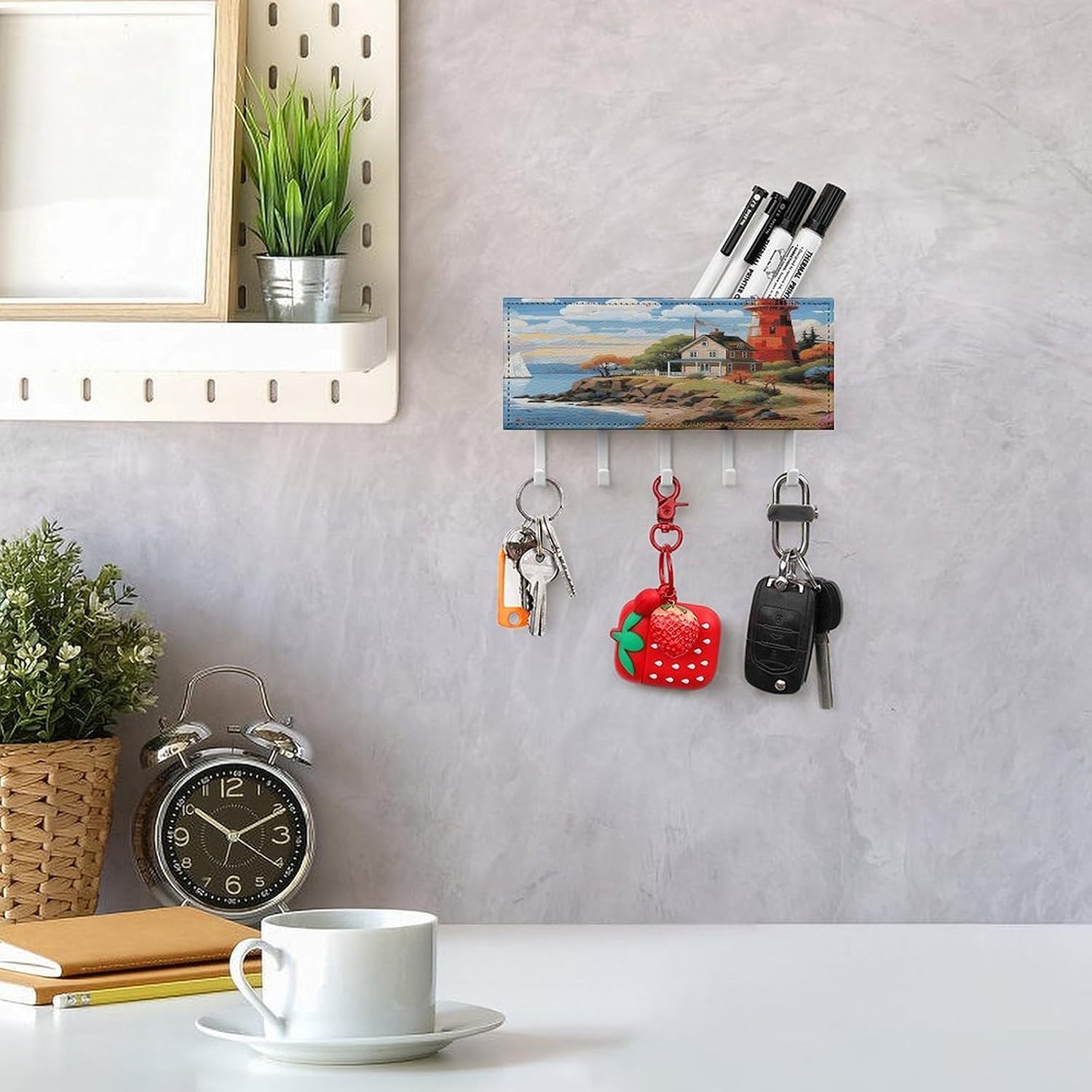 Key Holder Wall Mount Key Hanger with 5 Hooks, Decorative Key Rack | Coastal Lighthouse Hanging Key Hooks with Mail Organizer for Wall Living Room Kitchen Bathroom Hallway