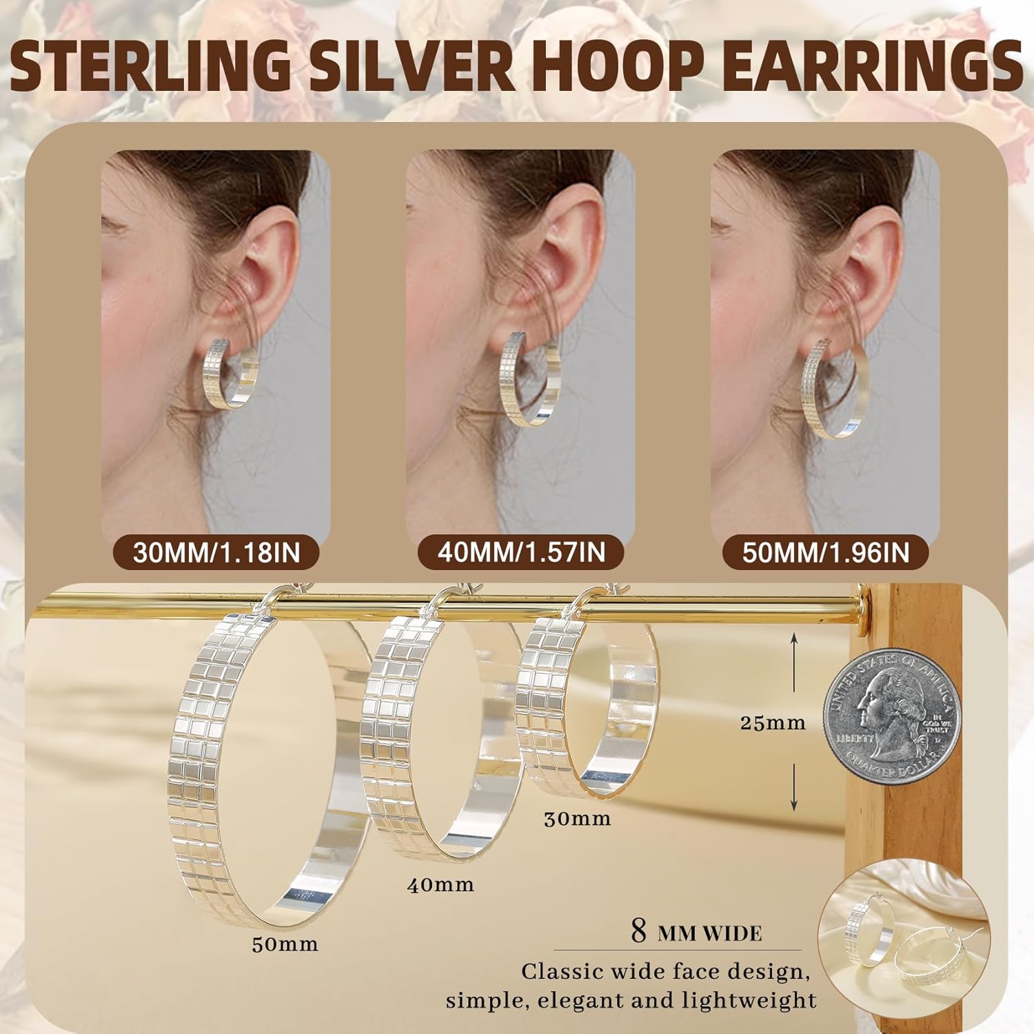 LOUMILEO 8mm Wide Chunky 14K Gold Plated Ribbed 925 Sterling Silver Post Hoops Earring Hypoallergenic Lightweight Large Silver Hoop Earrings for Women (30/40/50MM) - Image 5
