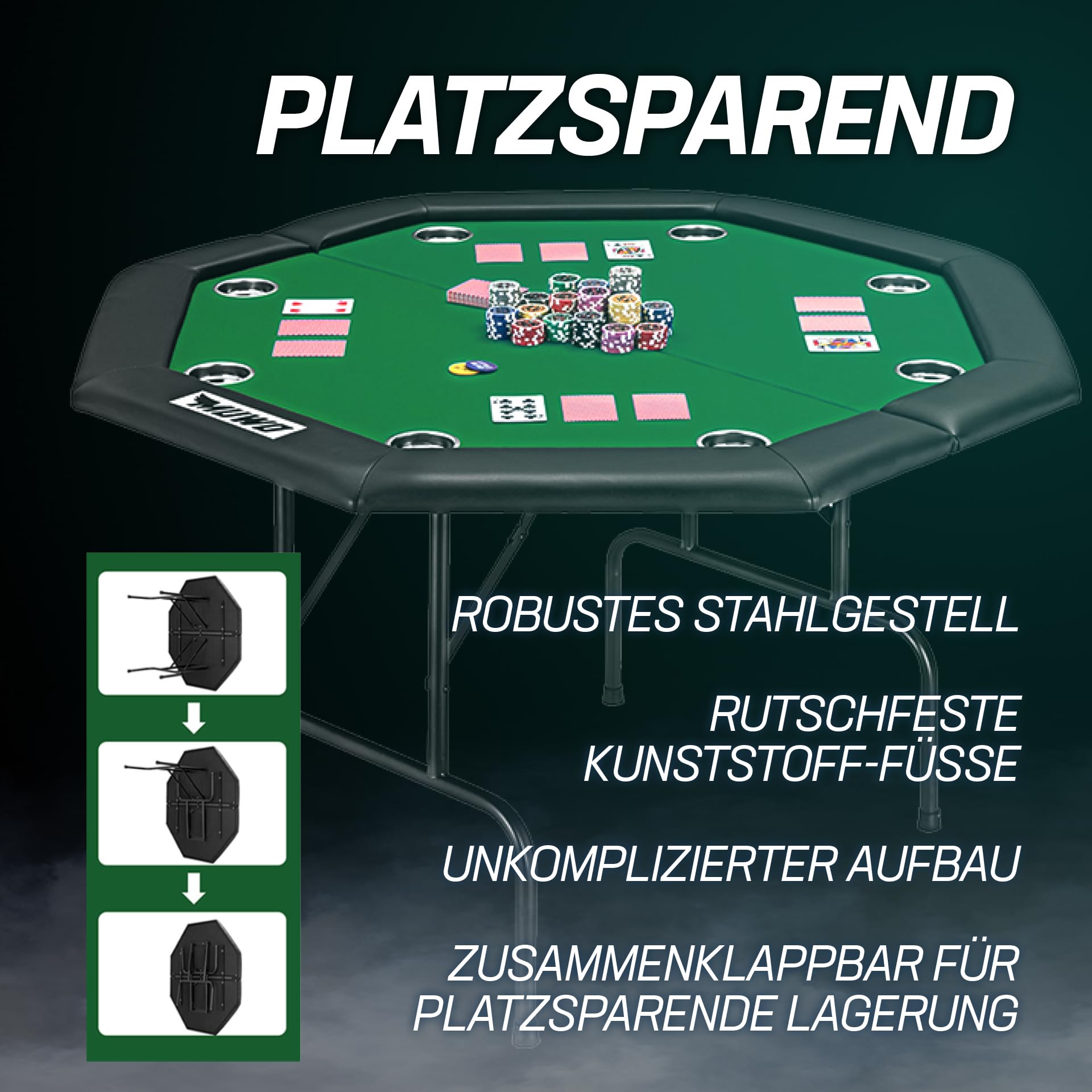 MUWO klappbarer Pokertisch für 8 Spieler – Achteckiger Spieltisch mit Filzbezug, Getränkehaltern und gepolsterter Armlehne – Robustes Stahlgestell, platzsparend lagerbar (Grün)