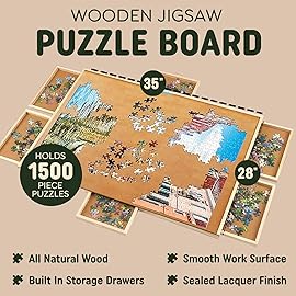 1500 Piece Wooden Jigsaw Puzzle Board - 6 Drawers, Preassembled Rotating Puzzle Table | 35 X 28 Jigsaw Puzzle Board | Puzzle Cover Included - Portable Tables for Adults and Kids