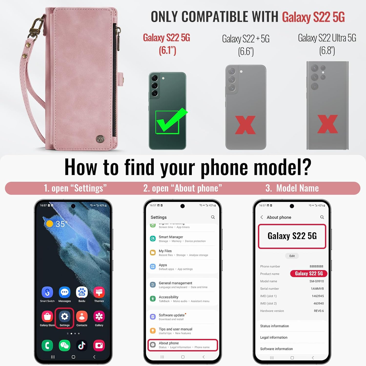 defencase compatible with samsung galaxy s22 5g case wallet with rfid blocking card holder for women men, pu leather magnetic snap flip zipper strap wallet phone case fit for galaxy s22 5g 6.1", pink airy rose pink