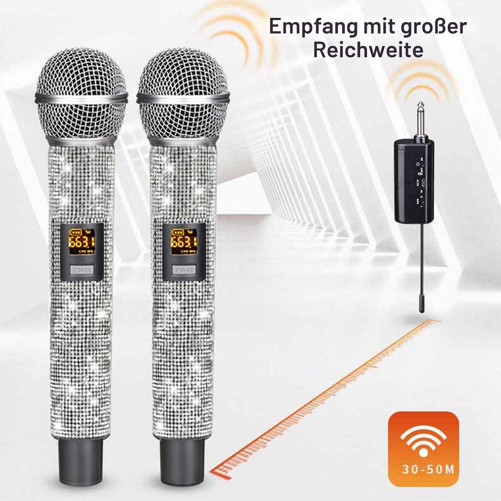 Drahtloses Mikrofon, Kabelloses VHF-Handmikrofon mit Empfänger, 30 M Reichweite, Dynamisches Mikrofon Zum Singen, Karaoke, mit Glitzer-Mikrofonhülle