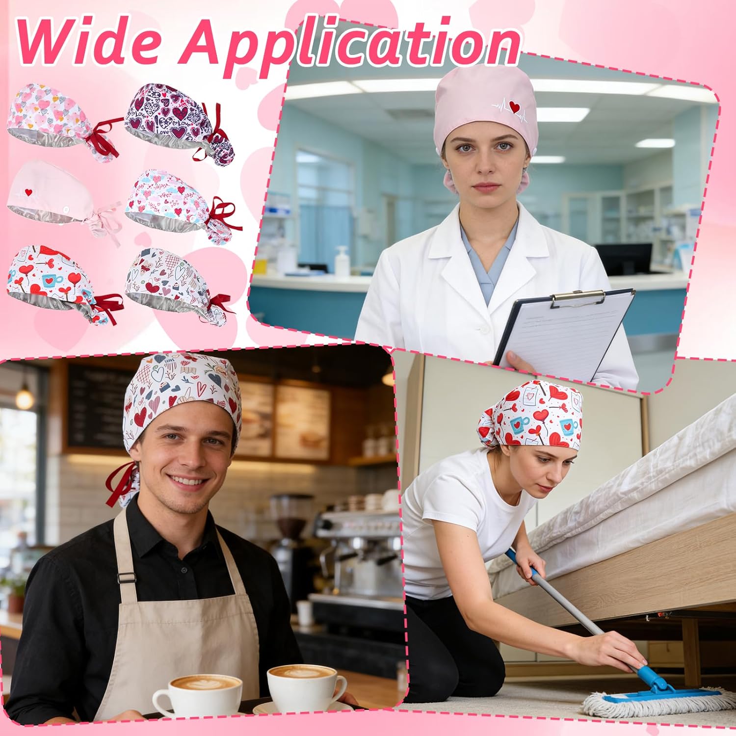 6 Pcs Valentine‘s Day Satin Lined Working Hat, Heart Pattern Scrub Cap, Women Nurse Surgical Hat Adjustable Tie Back Cover Hair with Button Sweatband for Doctor Nurse - Image 7