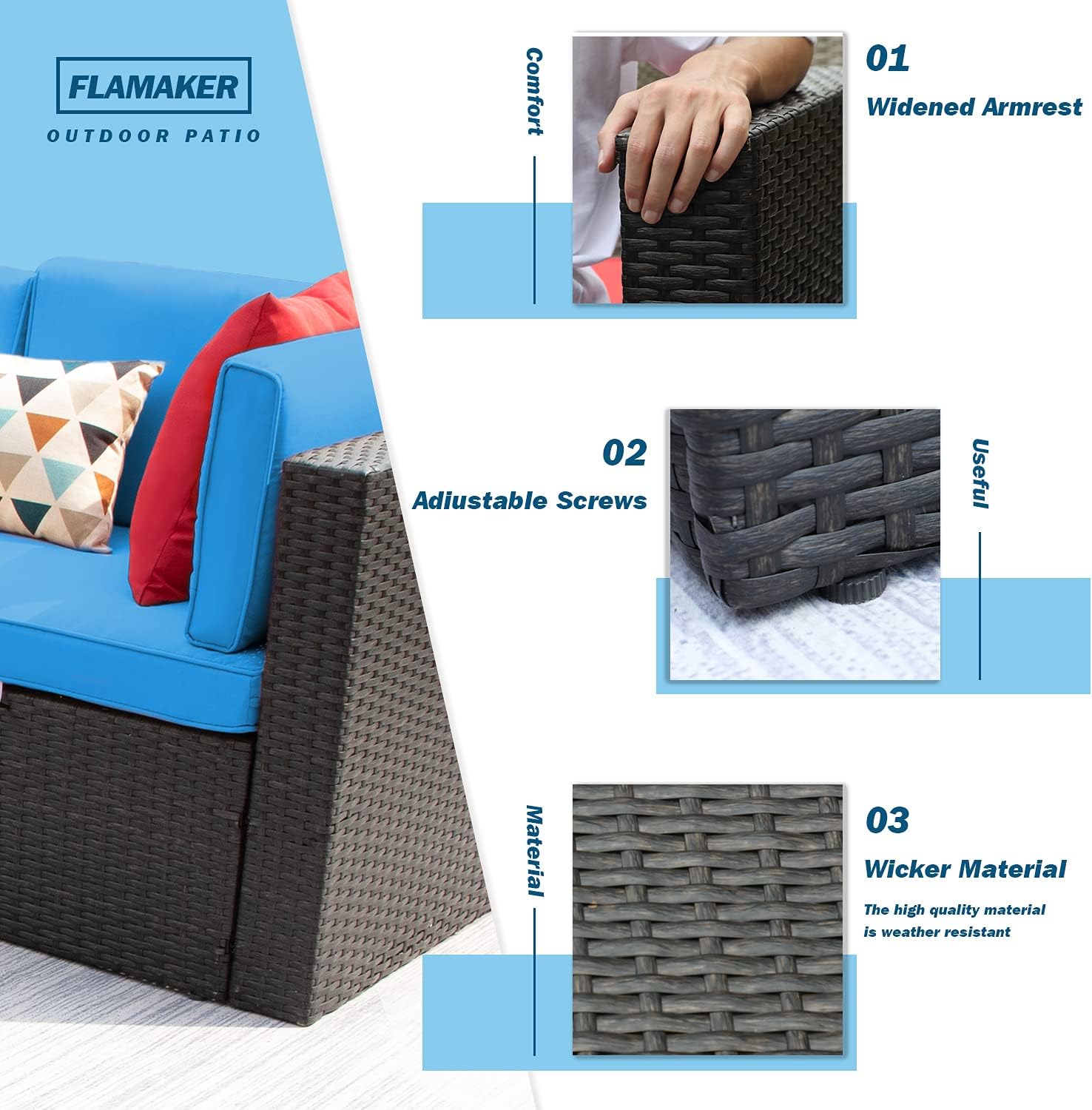 Flamaker 2 Pieces Patio Furniture Set Outdoor Loveseat All Weather PE Rattan Sofa Chair Set Corner Sofa Armless Sofa with Padded Soft Cushion (Blue)