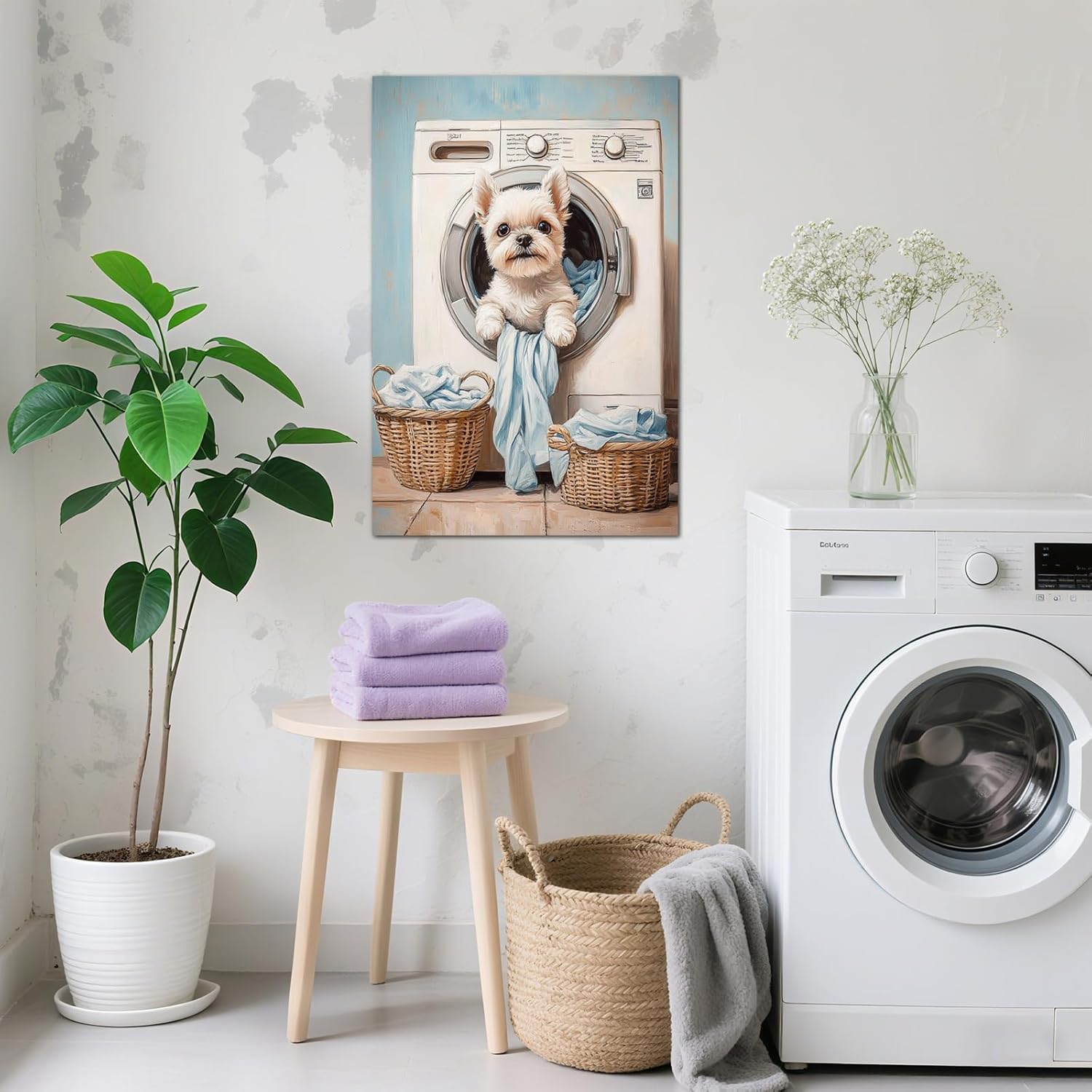 Laundry Room Canvas Frame Wall Art Laundry Sign Painting Vintage Funny Dog Artwork Decor for Wash Room Bathroom Laundromat Dry Cleaning Store (WE000052-4, 12.00L x 18.00W, Framed)