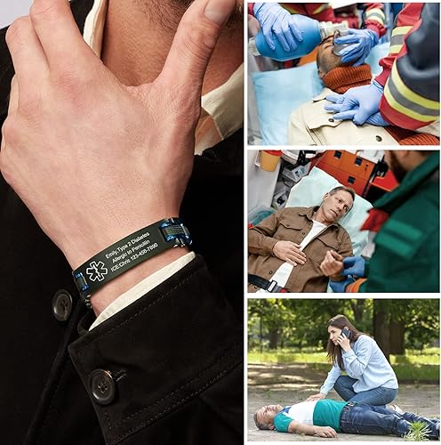 Miniatura 2 de VNOX Pulseras de identificación de alerta médica de emergencia con grabado personalizado de dos tonos negro azul para hombres, esposo y padre