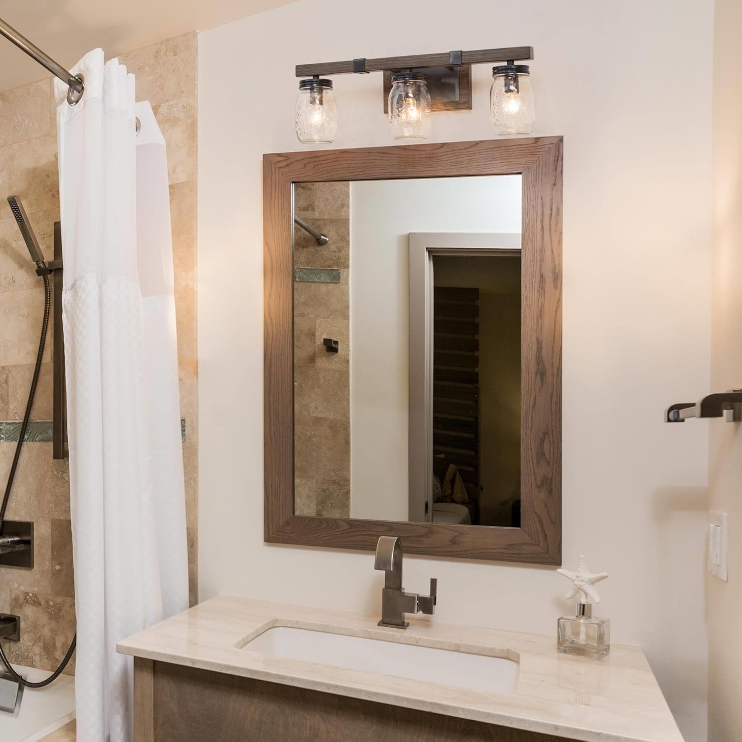 Farmhouse Bathroom Light Fixtures, 3-Light Mason Jar Vanity Lights for Bathroom, Rustic Faux Wood Bathroom Lighting Lights Over Mirror