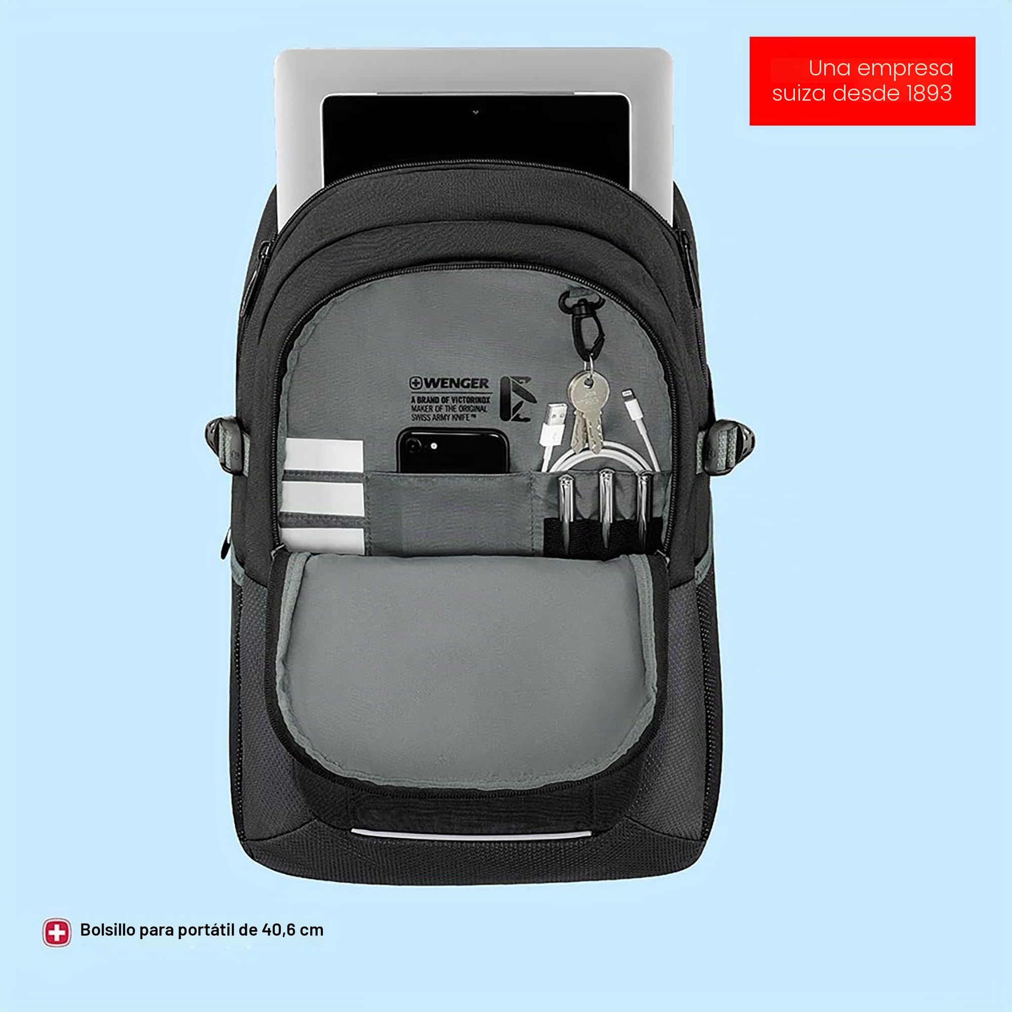 Wenger Ryde Mochila para portátil con compartimento para tableta, portátil de hasta 16", tableta de hasta 10", organizador de artículos, 24 l, oficina viajes negocios universidad, negro, 612567